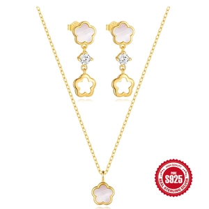 Bijoux En Argent Sterling 925 Collier Et Boucles D Oreilles Fleur Nacre Avec Zircon Plaqué Or Élégant Pour Femme