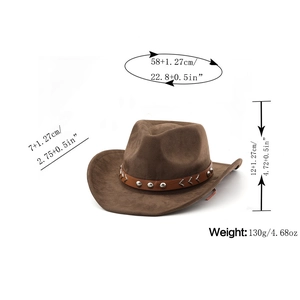 Detailed view of brown faux suede cowboy hat with measurements and silver metal studs