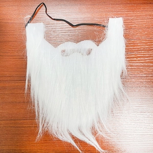 Detailed view of long white Santa Claus beard with black elastic strap on wooden background