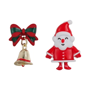 Asymmetric Christmas Santa Claus and red bow bell stud earrings for women in red and gold