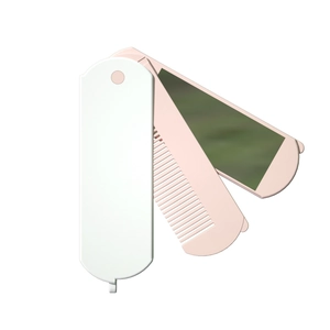 Portable folding hair brush with built-in makeup mirror in pink and white design