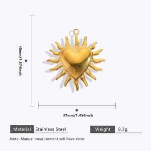 Detailed size specifications for 18k gold plated heart sun stainless steel pendant