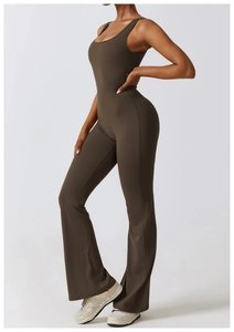 Detail of high-waisted dark brown unitard with U-neck and flared yoga pants design