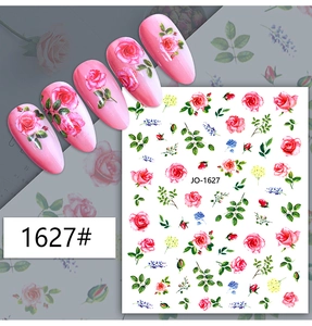 Detail of JO-1627 rose nail stickers showing realistic pink floral patterns on nails