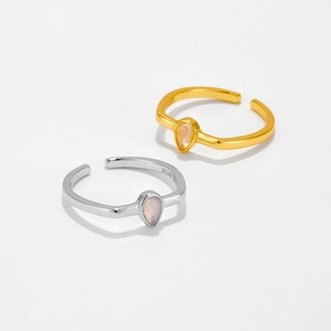Adjustable S925 sterling silver open rings with pear-shaped gemstones in gold and silver