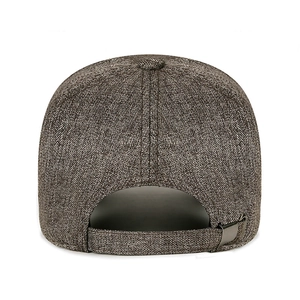 Rear view of dark grey structured baseball cap with adjustable metal back strap