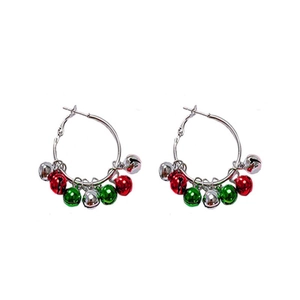 Detail of Christmas hoop earrings with red, green, and silver metallic bells hanging