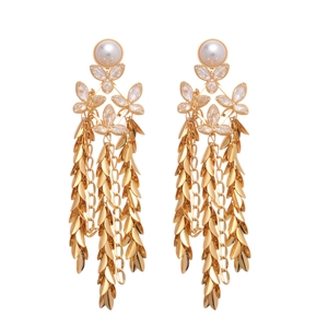 18K gold plated long tassel earrings with faux pearls and sparkling leaf crystal drops