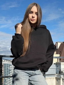 Vintage oversized γυναικείο μαύρο φούτερ με κουκούλα και τύπωμα στην πλάτη και τσέπη