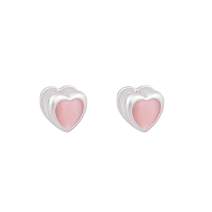 Elegant pink heart stud earrings with silver frame and opal effect for women