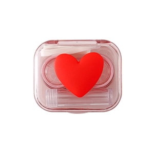 Pink transparent heart contact lens case set with solution bottle and tweezers kit