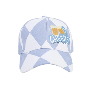 Oktoberfest party baseball cap with blue white checkered pattern and Cheers beer embroidery