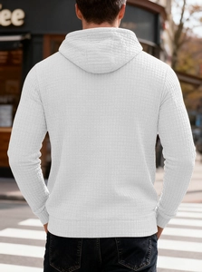 Rear view of white men's hoodie with detailed waffle texture and casual drawstring hood