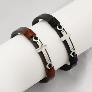 Retro Cross Leather Bracelet For Men Handwoven Stainless Steel Charm Wristband Adjustable Casual Punk Jewelry