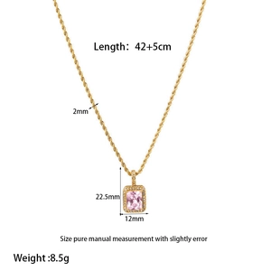 Detailed view of the pink zircon pendant dimensions on a gold-plated twist chain