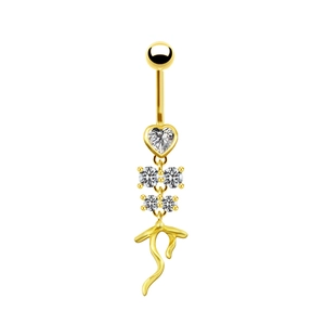 Detailed macro view of golden heart-shaped belly ring with sparkling crystals on white base