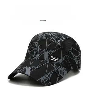 Detail of outdoor baseball cap showing breathable side mesh and geometric gray patterns