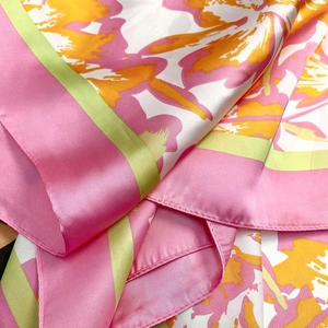 70cm satin silk scarf with tropical floral patterns in pink and lime green trim
