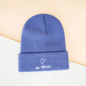 Violet blue knitted beanie hat with white smiley face and you decide embroidery