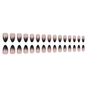 Faux ongles amande courts dégradé noir brillant, parfaits pour un style Halloween chic