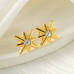 18k gold plated stainless steel starburst stud earrings with sparkling cubic zirconia