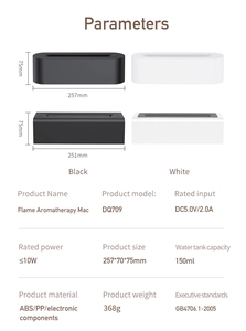 Detailed technical specifications and dimensions for the 3D flame aromatherapy humidifier