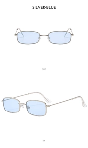 Front and side views of vintage small square metal sunglasses with silver frame and blue lenses