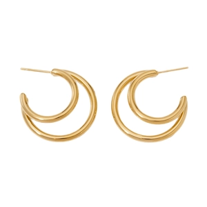 Elegant gold-finished stainless steel double C-shaped hoop earrings on white background