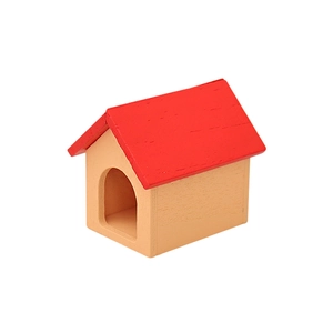 Miniature wooden dollhouse doghouse with red roof and natural wood finish for DIY decor