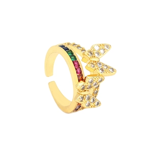 Adjustable golden butterfly ring with rainbow zircon stones and shimmering accents