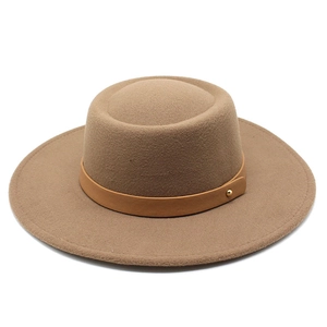 Unisex Flat Top Wool Felt Wide Brim Fedora Hat Vintage Woolen Boater Hat With Leather Belt Decoration For Travel Outdoor