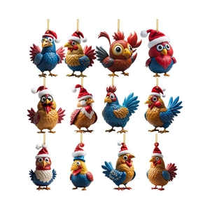 Set of 12 creative cartoon chicken Christmas tree hanging ornaments made of acrylic material