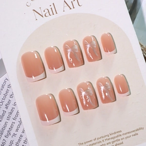 French pale yellow press-on nails with white tips and aurora 3D bow design
