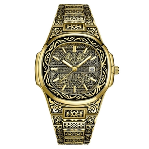 Men Quartz Watch Vintage Islamic Style Full Engraved Alloy Metal Strap Date Calendar Fashion Wristwatch Luxury Style