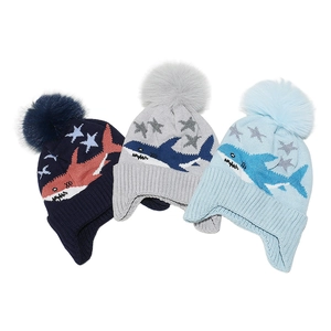 Winter shark knit hats for boys featuring warm earflaps and fluffy pom-poms in three colors