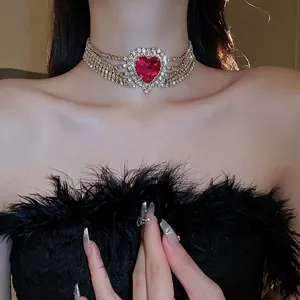 Heart Choker Necklace Alloy Multi Row Rhinestone Statement Luxury Clavicle Chain For Women Retro Jewelry