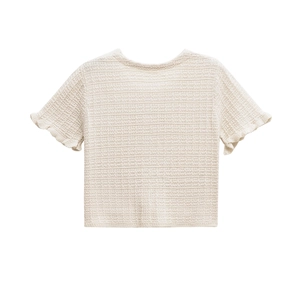 Chic cream knit short sleeve top with delicate ruffle trim and round neckline