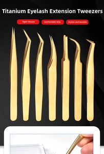 Detail view of 7 professional titanium gold eyelash tweezers for various grafting needs