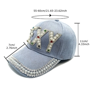 Casquette baseball en suédine bleu clair ornée de strass texte SEXY et perles élégantes