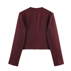 Vintage style wine red short jacket for women with long sleeves and back view display