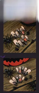 Detailed view of Halloween press-on nails featuring pumpkin and bat motifs on coffin shape