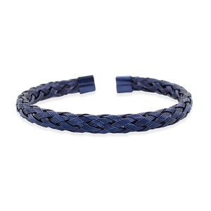 Close-up of deep blue braided wire texture and open cuff design on stainless steel bangle