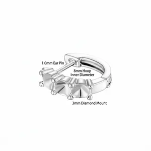 Silver earring hoop with 8mm inner diameter and three 3mm zircon setting connectors