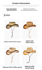 Detail of four western straw hats in plant fiber with metallic buckles and wind ropes