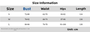 Detailed size chart for floral strap maxi dress showing bust waist and hip measurements