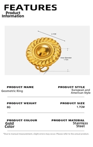 Detailed dimensions of the chunky gold stainless steel geometric ring with size labels