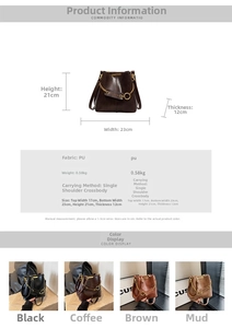 Detailed size chart and specifications for the vintage PU leather chain bucket bag