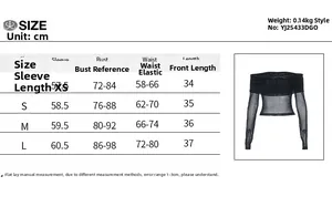 Detailed size chart for off-shoulder mesh top showing bust and length measurements in cm