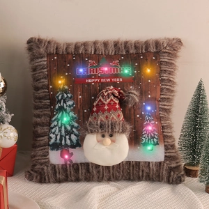 Plush Christmas pillow cover with Santa Claus 3D doll and glowing LED lights décor