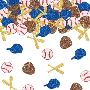 Baseball party confetti set featuring glittery bats, gloves, hats, and red-stitched balls
